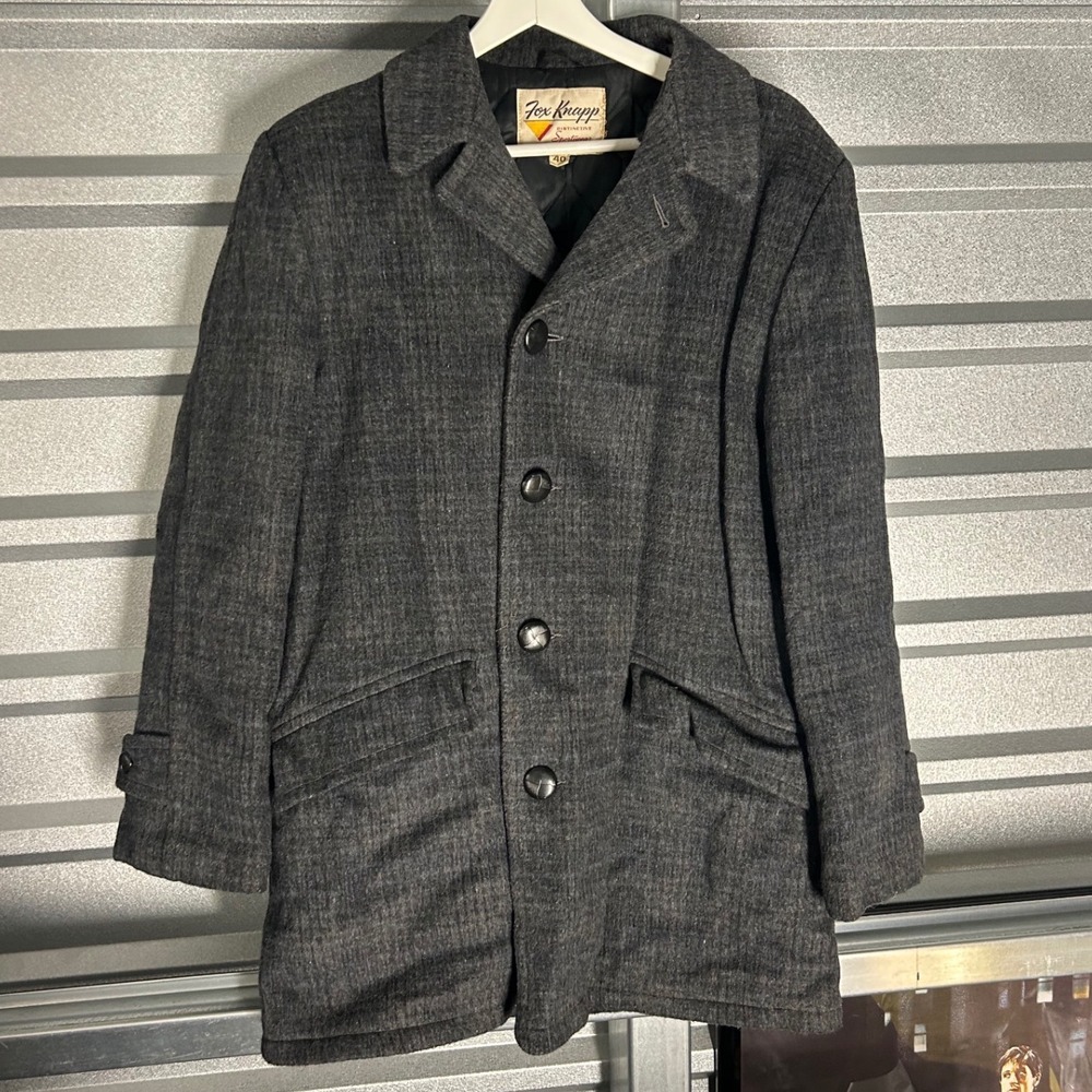 VINTAGE Fox Knapp Wool Coat Mens 40 Grey Car Coat Dark Academia Mid Century USA